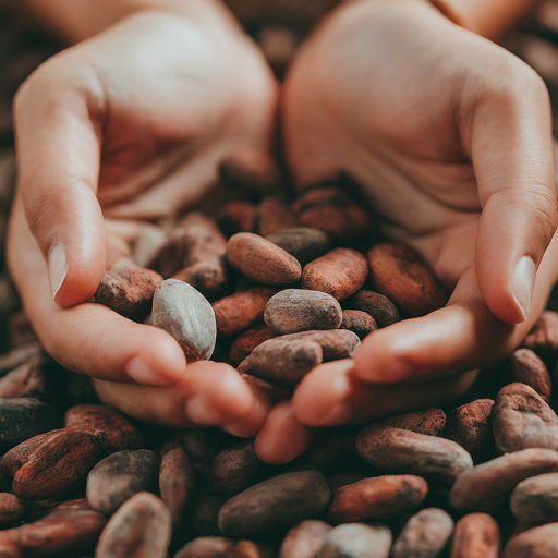 A closeup of a pair of hands offering or holding cacao beans